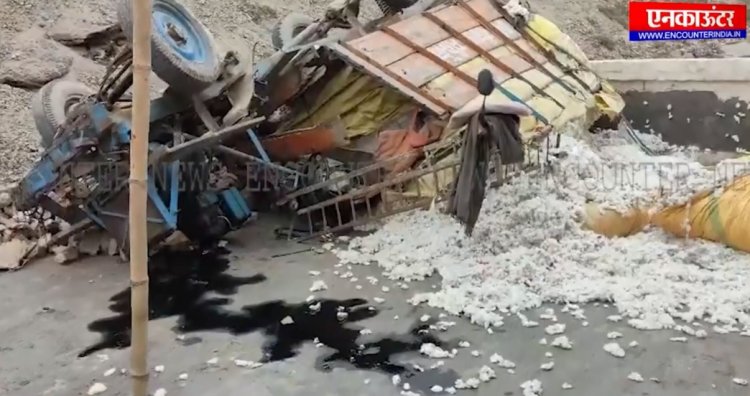 पंजाबः सड़क किनारे पलटा नरमे से भरा टैम्पू, देखें वीडियो